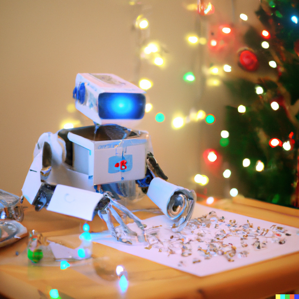 Robot solving a robot puzzle, christmas setting, Dall-E